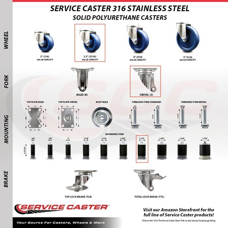 Service Caster 3.5 Inch 316SS Solid Polyurethane Swivel 1-1/2 Inch Stem Caster Lock Brake, 2PK SCC-SS316TTLEX20S3514-SPUS-2-S-2-112